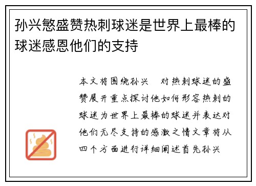 孙兴慜盛赞热刺球迷是世界上最棒的球迷感恩他们的支持